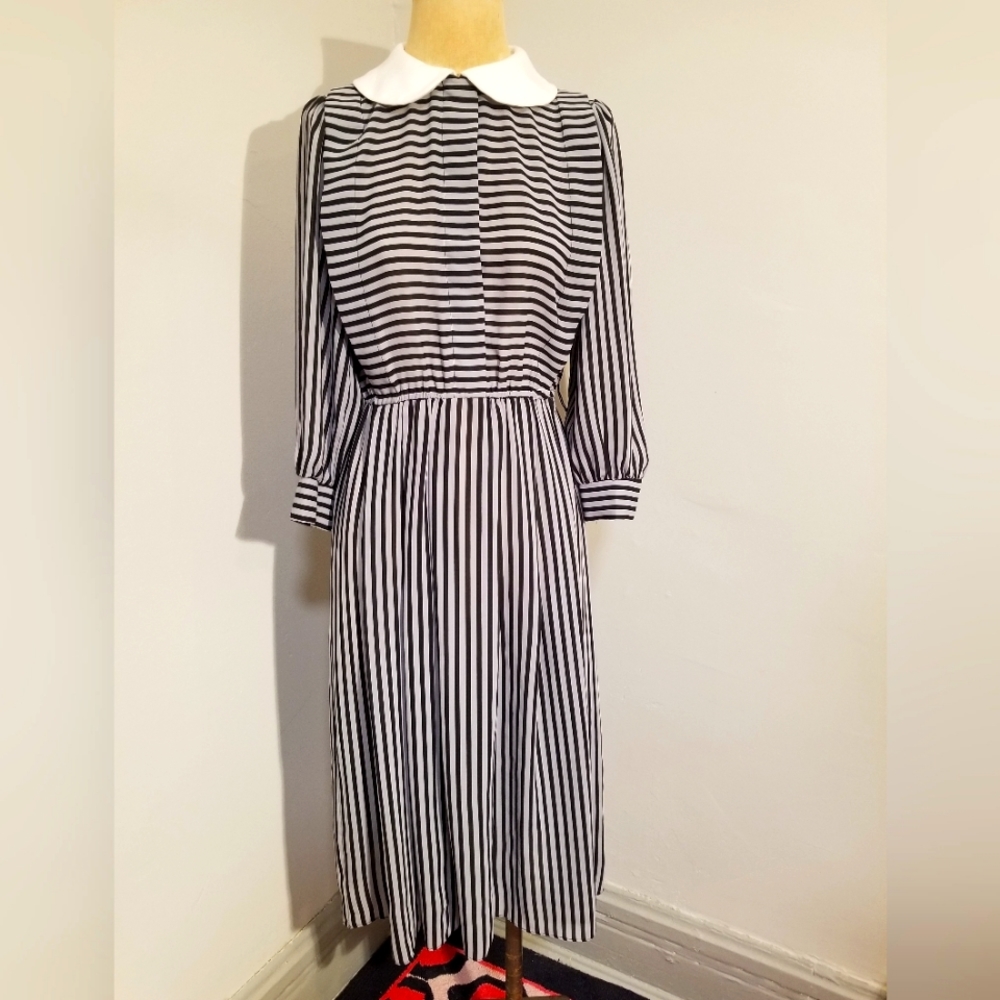 VTG REO ORIGINALS DRESS 80S BLACK GRAY STRIPED GOTH WEDNESDAY BEETLEJUICE PUNK 6